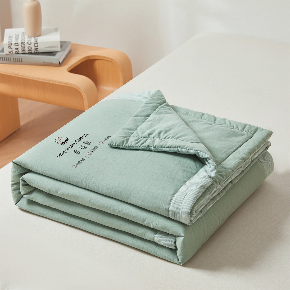 91家纺网 家纺一手货源 找家纺 创优家纺 2026新款棉花夏被无印风纯色新疆棉夏凉被空调被棉花夏被棉花被子百分百新疆棉（专版烫画 盗版必究） 新疆棉-松绿