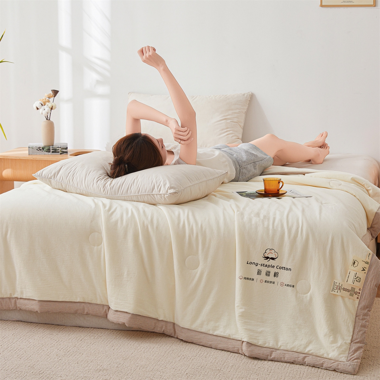 91家纺网 家纺一手货源 找家纺 创优家纺 2026新款棉花夏被无印风纯色新疆棉夏凉被空调被棉花夏被棉花被子百分百新疆棉（专版烫画 盗版必究） 新疆棉-米白