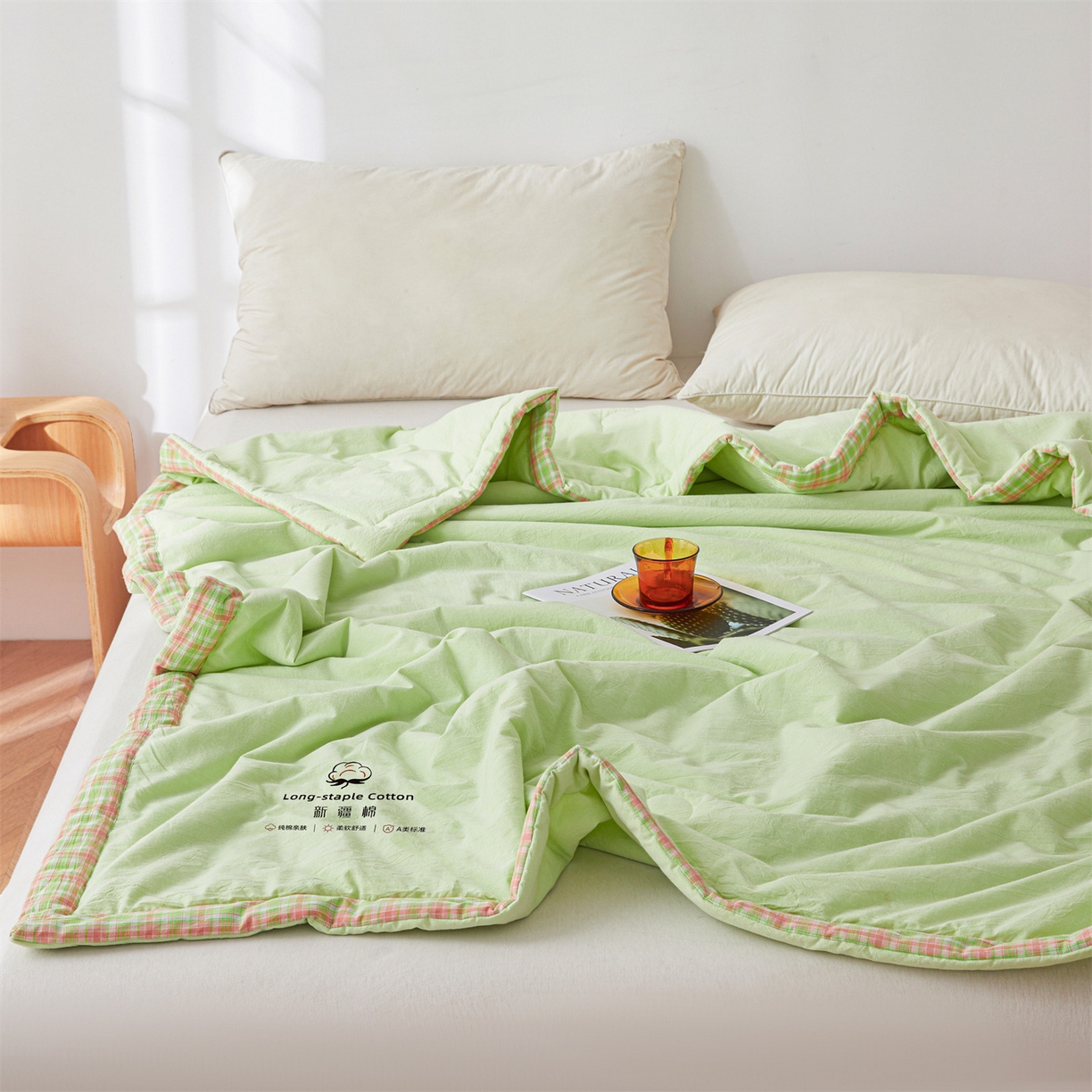 91家纺网 家纺一手货源 找家纺 创优家纺 2026新款棉花夏被无印风纯色新疆棉夏凉被空调被棉花夏被棉花被子百分百新疆棉（专版烫画 盗版必究） 新疆棉-果绿