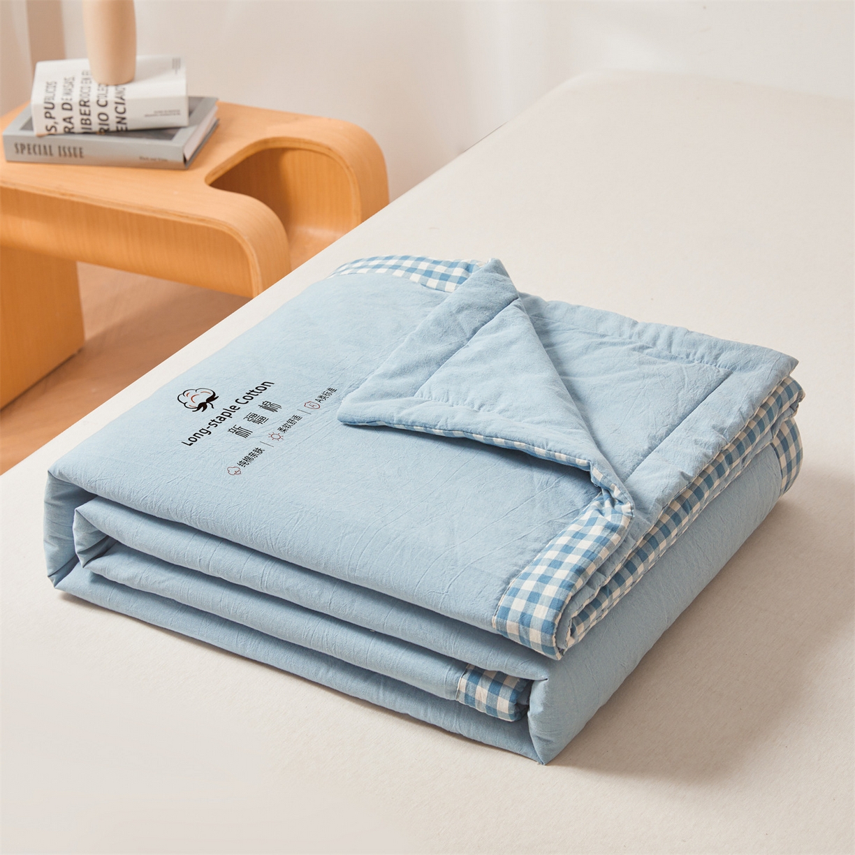 91家纺网 家纺一手货源 找家纺 创优家纺 2026新款棉花夏被无印风纯色新疆棉夏凉被空调被棉花夏被棉花被子百分百新疆棉（专版烫画 盗版必究） 新疆棉-蓝色