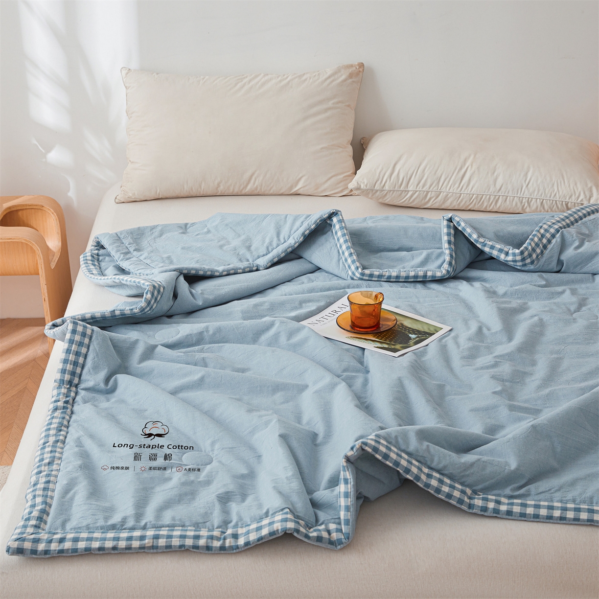 91家纺网 家纺一手货源 找家纺 创优家纺 2026新款棉花夏被无印风纯色新疆棉夏凉被空调被棉花夏被棉花被子百分百新疆棉（专版烫画 盗版必究） 新疆棉-蓝色