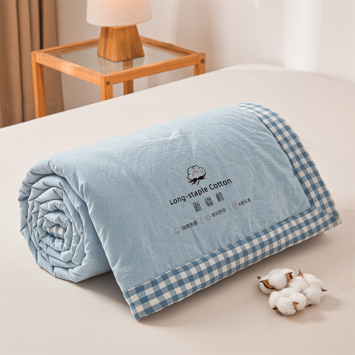 91家纺网 家纺一手货源 找家纺 创优家纺 2026新款棉花夏被无印风纯色新疆棉夏凉被空调被棉花夏被棉花被子百分百新疆棉（专版烫画 盗版必究） 新疆棉-蓝色