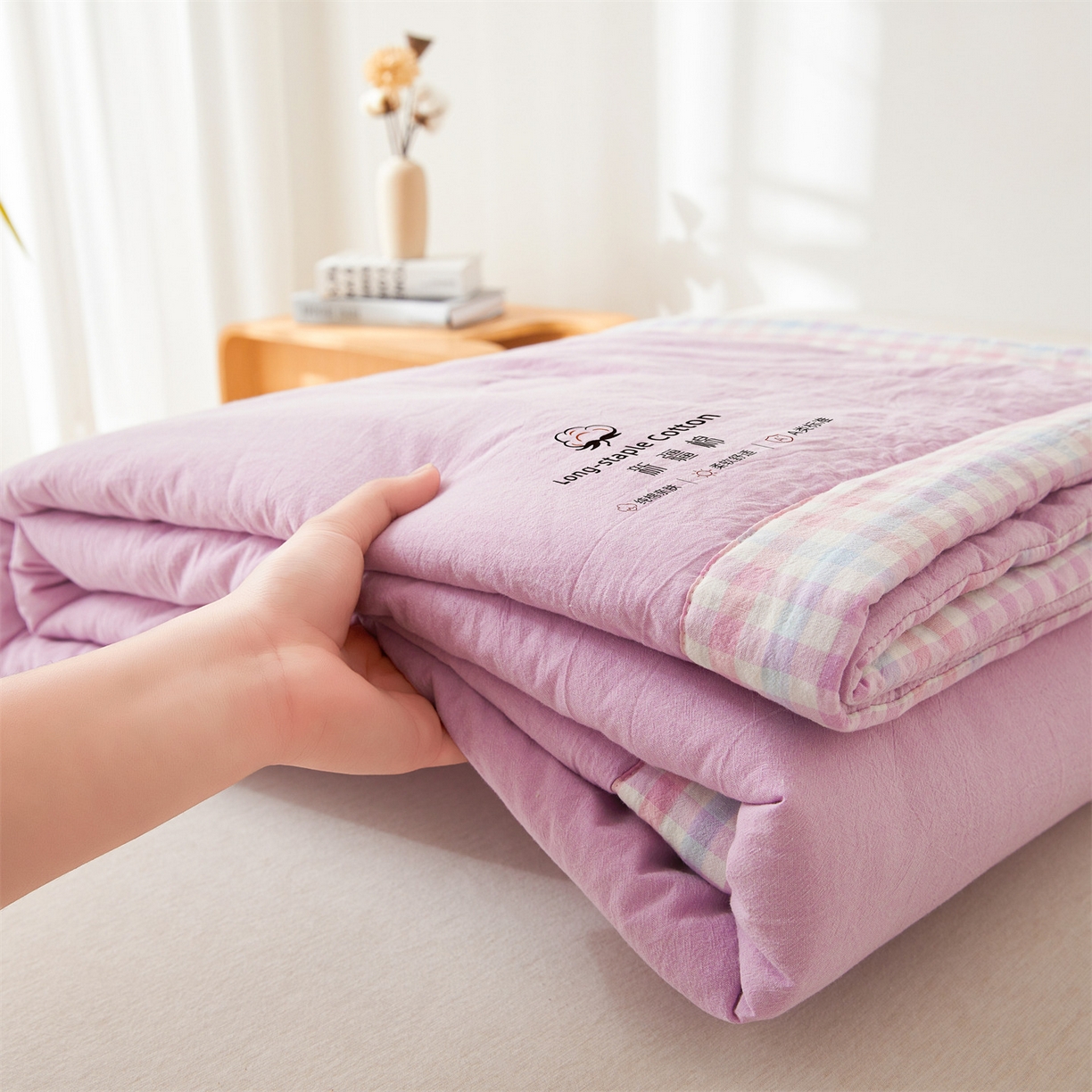 91家纺网 家纺一手货源 找家纺 创优家纺 2026新款棉花夏被无印风纯色新疆棉夏凉被空调被棉花夏被棉花被子百分百新疆棉（专版烫画 盗版必究） 新疆棉-浅紫