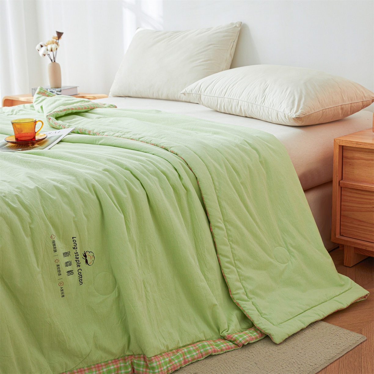 91家纺网 家纺一手货源 找家纺 创优家纺 2026新款棉花夏被无印风纯色新疆棉夏凉被空调被棉花夏被棉花被子百分百新疆棉（专版烫画 盗版必究） 新疆棉-果绿