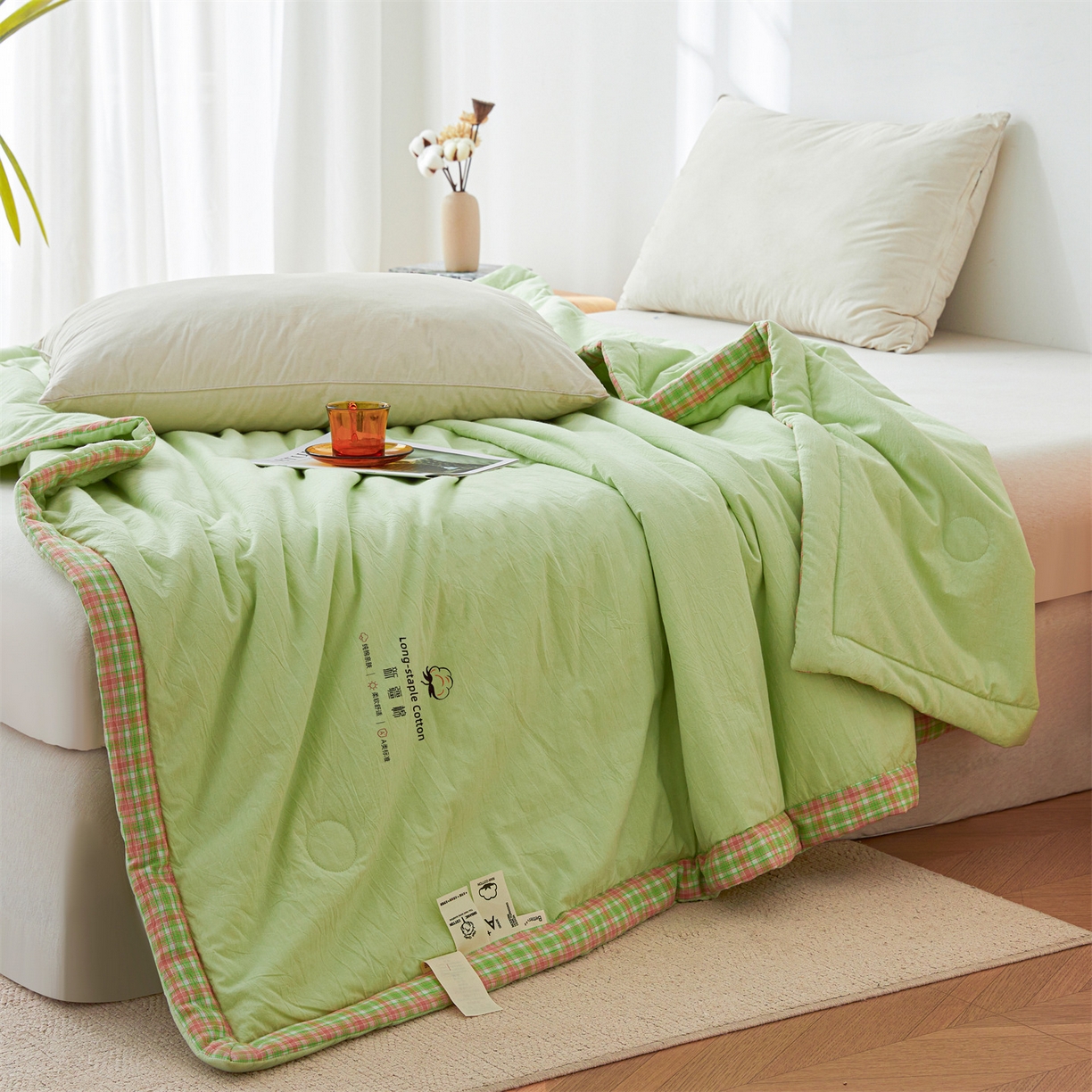 91家纺网 家纺一手货源 找家纺 创优家纺 2026新款棉花夏被无印风纯色新疆棉夏凉被空调被棉花夏被棉花被子百分百新疆棉（专版烫画 盗版必究） 新疆棉-果绿