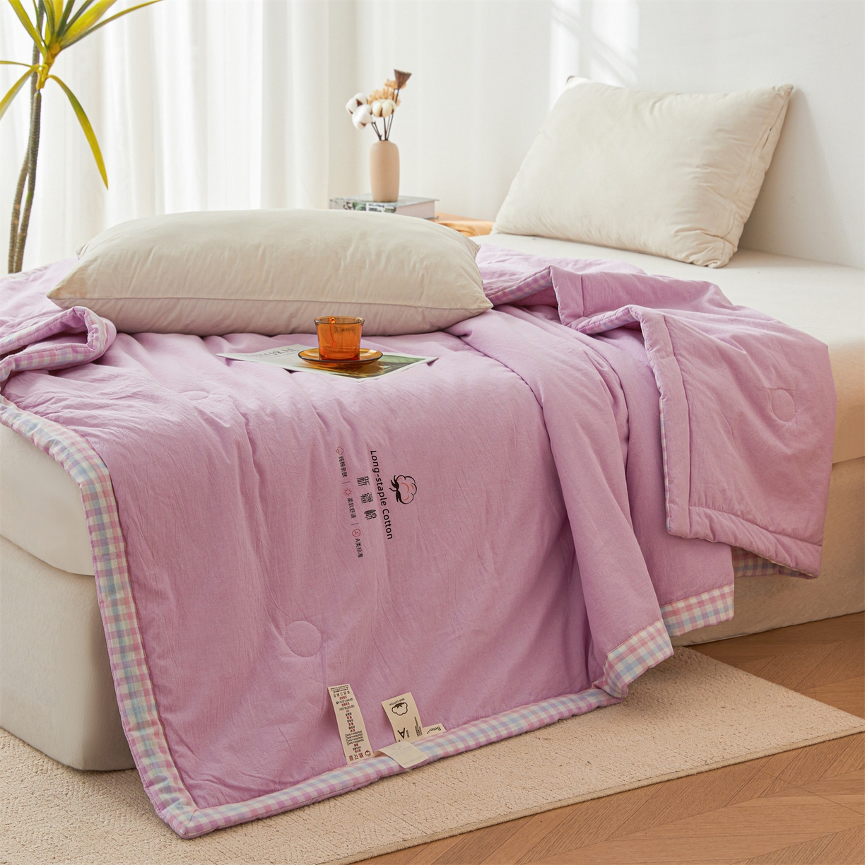 91家纺网 家纺一手货源 找家纺 创优家纺 2026新款棉花夏被无印风纯色新疆棉夏凉被空调被棉花夏被棉花被子百分百新疆棉（专版烫画 盗版必究） 新疆棉-浅紫