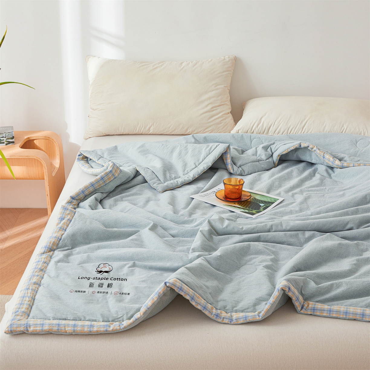 91家纺网 家纺一手货源 找家纺 创优家纺 2026新款棉花夏被无印风纯色新疆棉夏凉被空调被棉花夏被棉花被子百分百新疆棉（专版烫画 盗版必究） 新疆棉-青年蓝