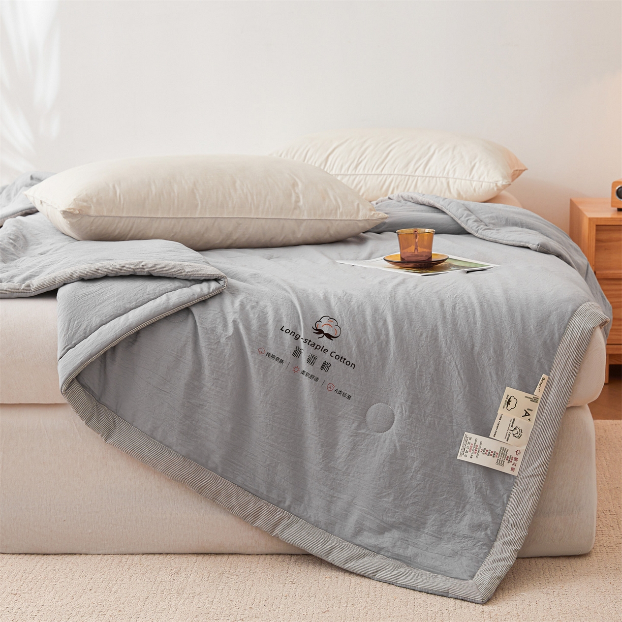 91家纺网 家纺一手货源 找家纺 创优家纺 2026新款棉花夏被无印风纯色新疆棉夏凉被空调被棉花夏被棉花被子百分百新疆棉（专版烫画 盗版必究） 新疆棉-浅灰