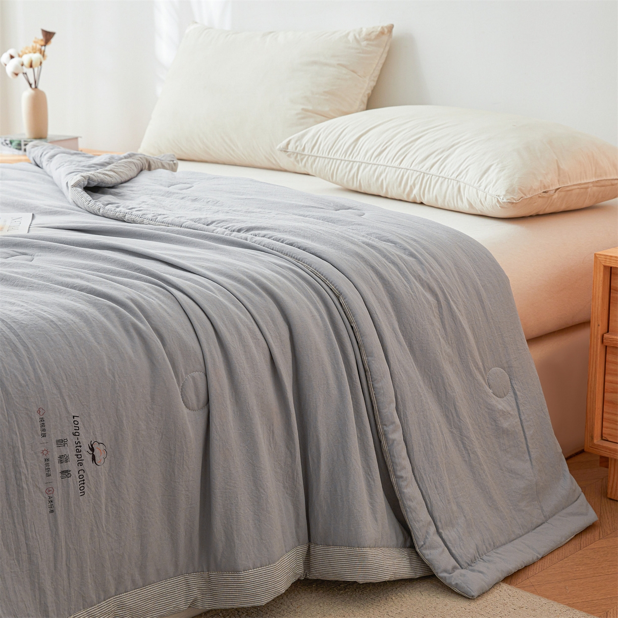 91家纺网 家纺一手货源 找家纺 创优家纺 2026新款棉花夏被无印风纯色新疆棉夏凉被空调被棉花夏被棉花被子百分百新疆棉（专版烫画 盗版必究） 新疆棉-浅灰