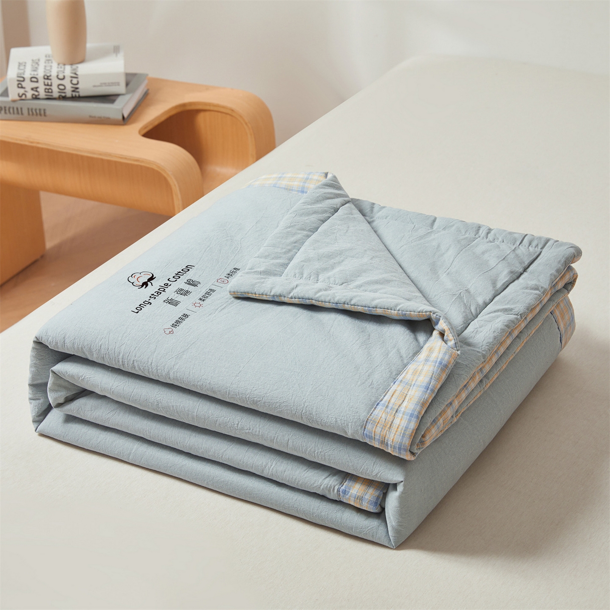 91家纺网 家纺一手货源 找家纺 创优家纺 2026新款棉花夏被无印风纯色新疆棉夏凉被空调被棉花夏被棉花被子百分百新疆棉（专版烫画 盗版必究） 新疆棉-青年蓝