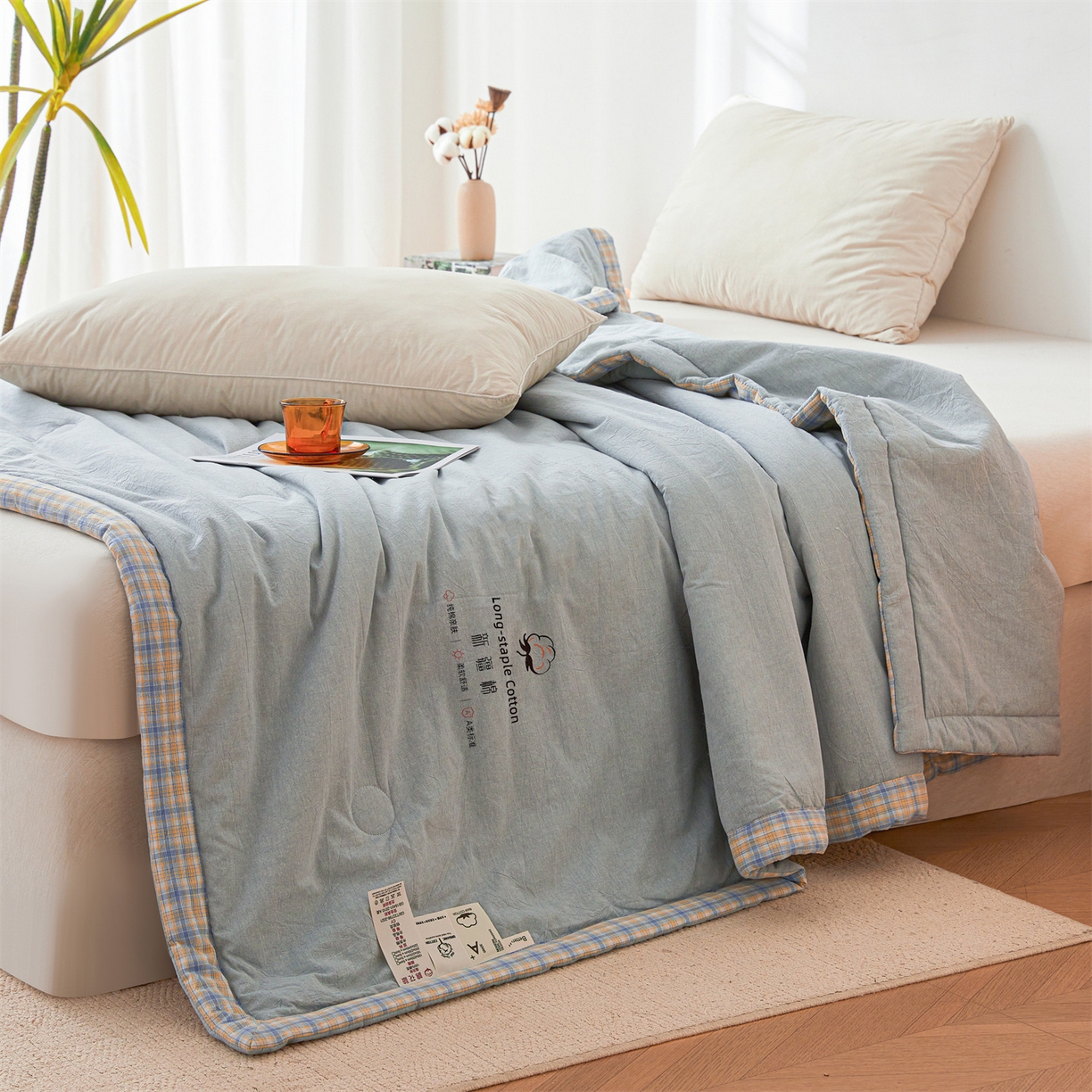 91家纺网 家纺一手货源 找家纺 创优家纺 2026新款棉花夏被无印风纯色新疆棉夏凉被空调被棉花夏被棉花被子百分百新疆棉（专版烫画 盗版必究） 新疆棉-青年蓝