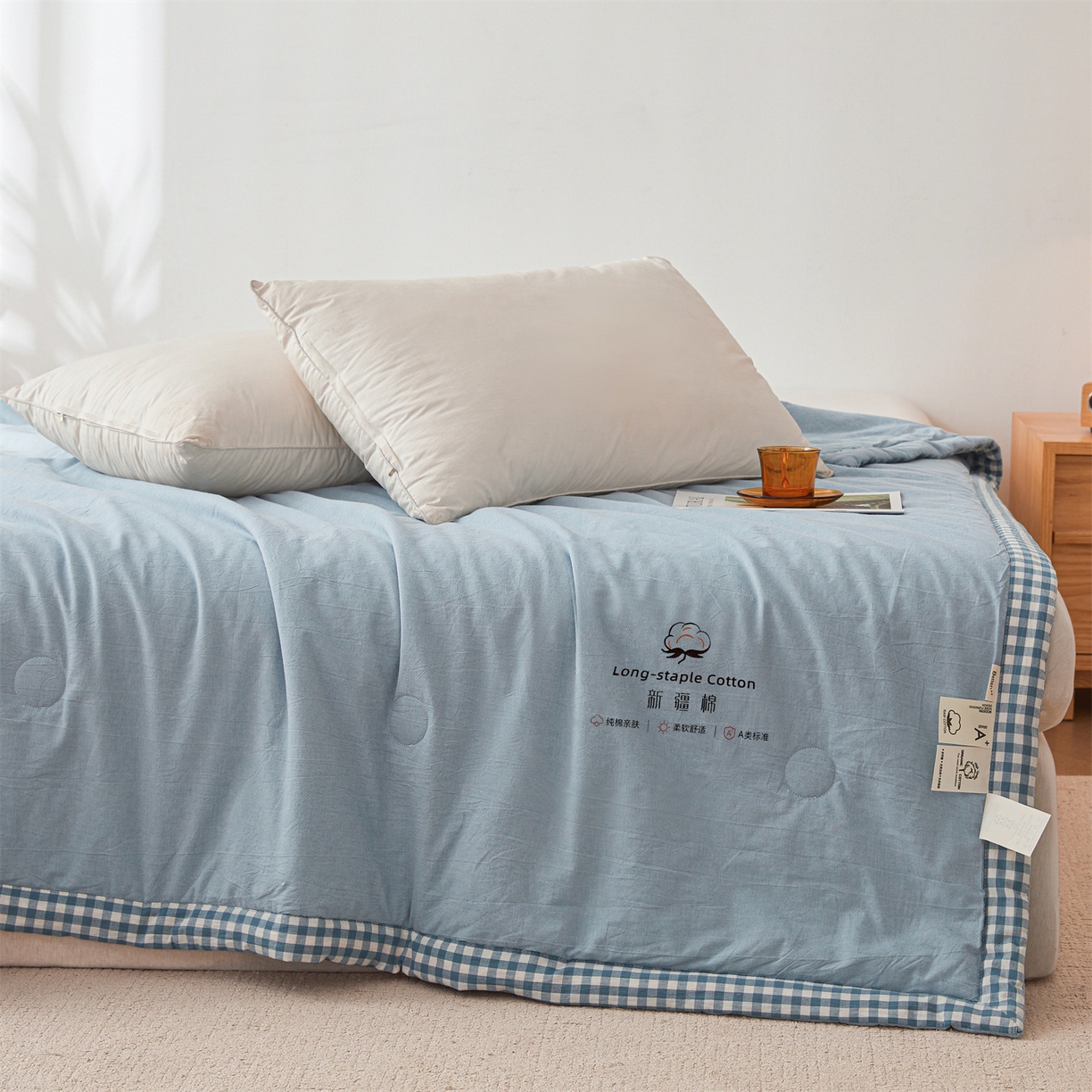 91家纺网 家纺一手货源 找家纺 创优家纺 2026新款棉花夏被无印风纯色新疆棉夏凉被空调被棉花夏被棉花被子百分百新疆棉（专版烫画 盗版必究） 新疆棉-蓝色