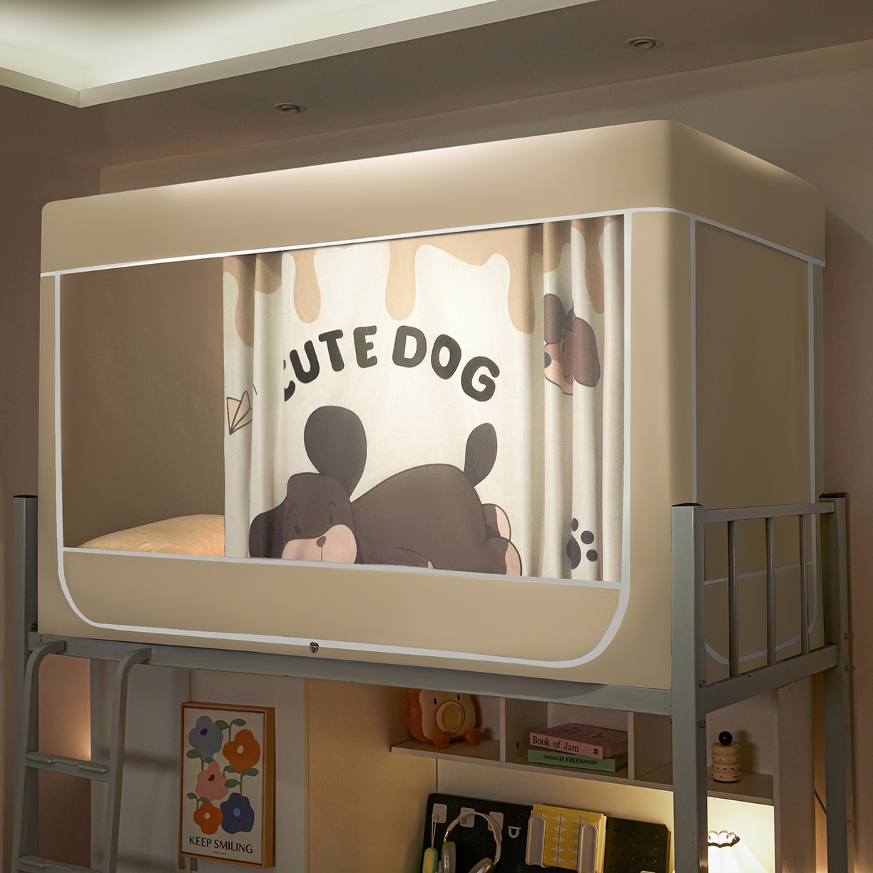 初心家纺 2026新款99%五面遮光加厚涂层遮光大版数码印花带靠墙帘卡通学生蚊帐 小熊懒洋洋