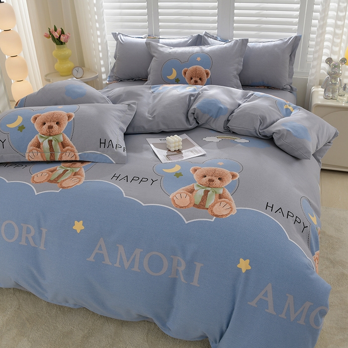 91家纺网 家纺一手货源 找家纺 董成龙 2026新款直播爆款加厚全棉活性磨毛四件套纯棉三件套 熊墩墩-蓝