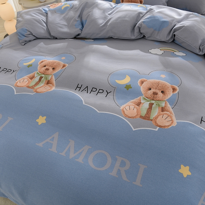 91家纺网 家纺一手货源 找家纺 董成龙 2026新款直播爆款加厚全棉活性磨毛四件套纯棉三件套 熊墩墩-蓝