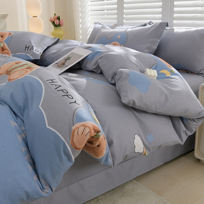 91家纺网 家纺一手货源 找家纺 董成龙 2026新款直播爆款加厚全棉活性磨毛四件套纯棉三件套 熊墩墩-蓝