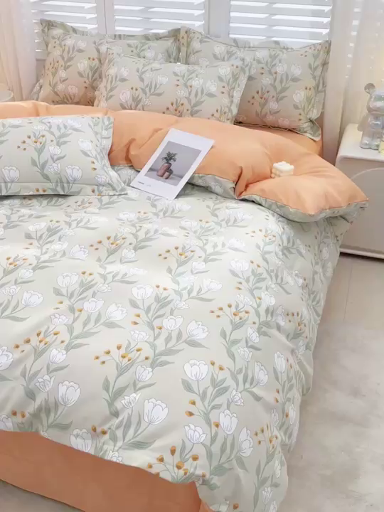 91家纺网 家纺一手货源 找家纺 董成龙 2026新款直播爆款加厚全棉活性磨毛四件套纯棉三件套 花语之都-灰