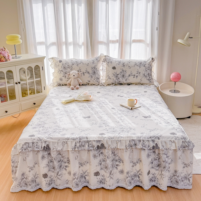 91家纺网 家纺一手货源 找家纺 （总）爱妮玖玖 2026新款全棉纯棉印花蕾丝小花边单层床裙四件套