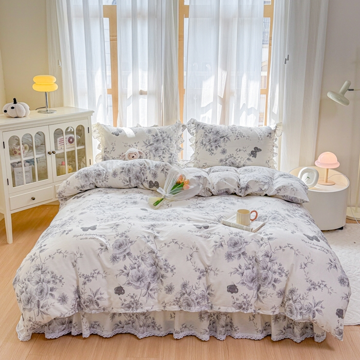 91家纺网 家纺一手货源 找家纺 （总）爱妮玖玖 2026新款全棉纯棉印花蕾丝小花边夹棉床盖四件套