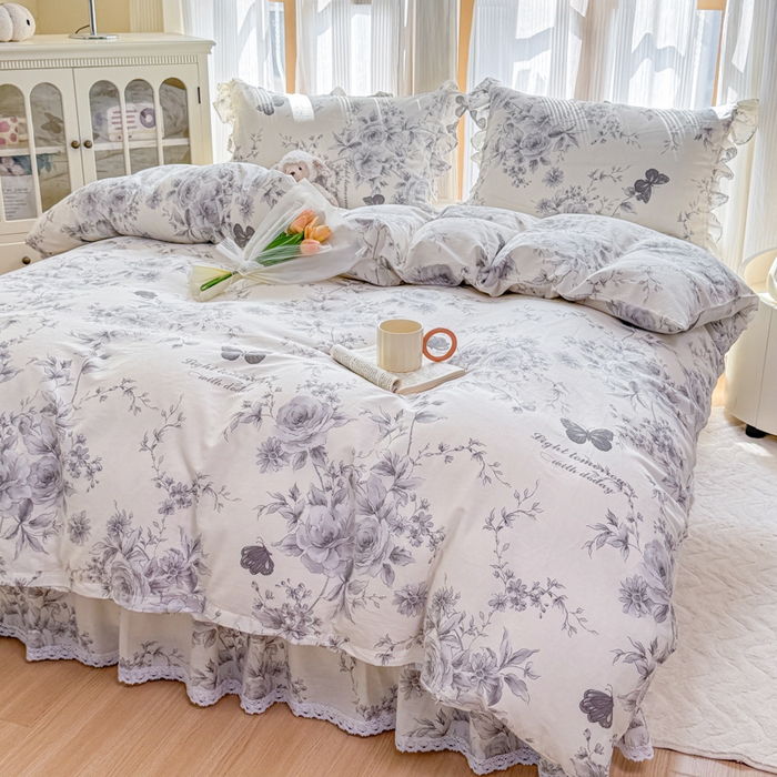 91家纺网 家纺一手货源 找家纺 （总）爱妮玖玖 2026新款全棉纯棉印花蕾丝小花边单层床裙四件套