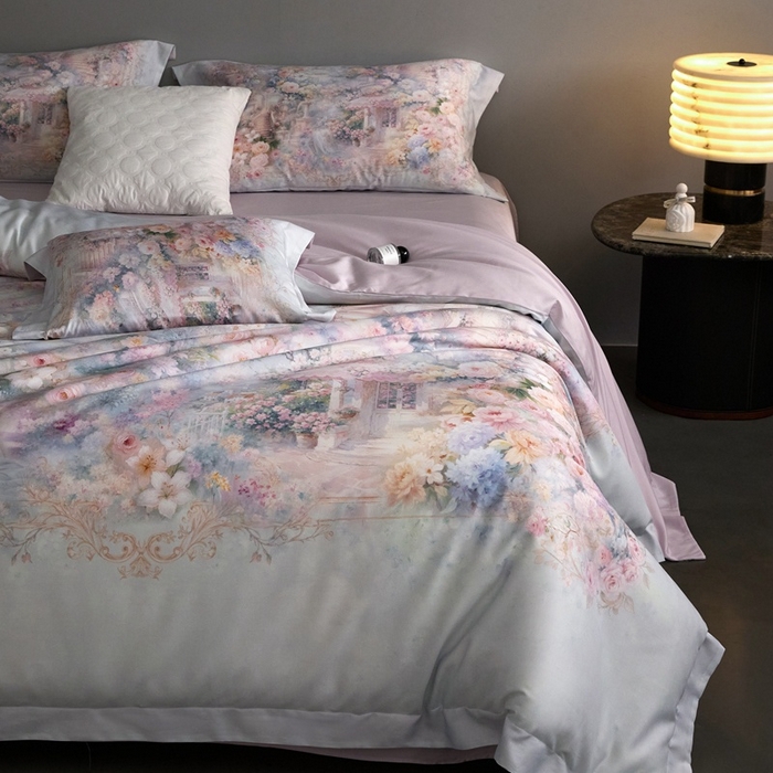 91家纺网 家纺一手货源 找家纺 金奇达家纺 2026新款【茧养·丝光缎】四件套-柏林花事【（会员减40元）标准号全网控价（折后券后）不低于299元】 爱丽丝梦境-蓝