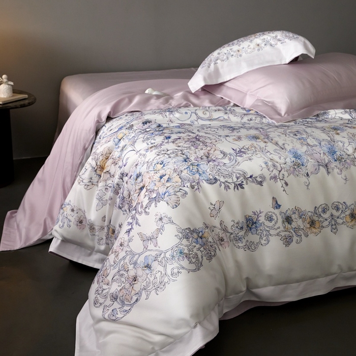 91家纺网 家纺一手货源 找家纺 金奇达家纺 2026新款【茧养·丝光缎】四件套-柏林花事【（会员减40元）标准号全网控价（折后券后）不低于299元】 迷迭花园-紫