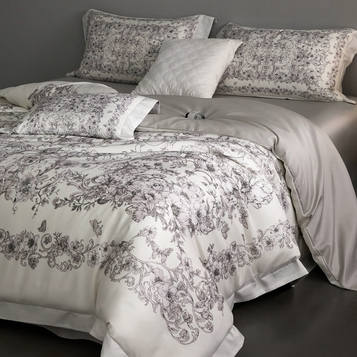 91家纺网 家纺一手货源 找家纺 金奇达家纺 2026新款【茧养·丝光缎】四件套-柏林花事【（会员减40元）标准号全网控价（折后券后）不低于299元】 迷迭花园-灰