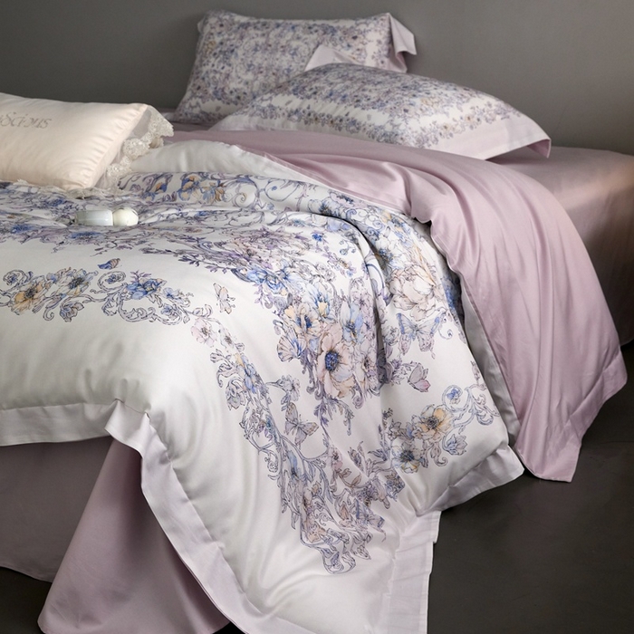91家纺网 家纺一手货源 找家纺 金奇达家纺 2026新款【茧养·丝光缎】四件套-柏林花事【（会员减40元）标准号全网控价（折后券后）不低于299元】 迷迭花园-紫
