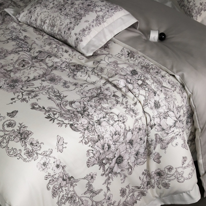 91家纺网 家纺一手货源 找家纺 金奇达家纺 2026新款【茧养·丝光缎】四件套-柏林花事【（会员减40元）标准号全网控价（折后券后）不低于299元】 迷迭花园-灰