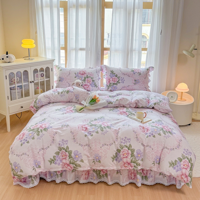 91家纺网 家纺一手货源 找家纺 （总）爱妮玖玖 2026新款全棉纯棉印花蕾丝小花边夹棉床盖四件套