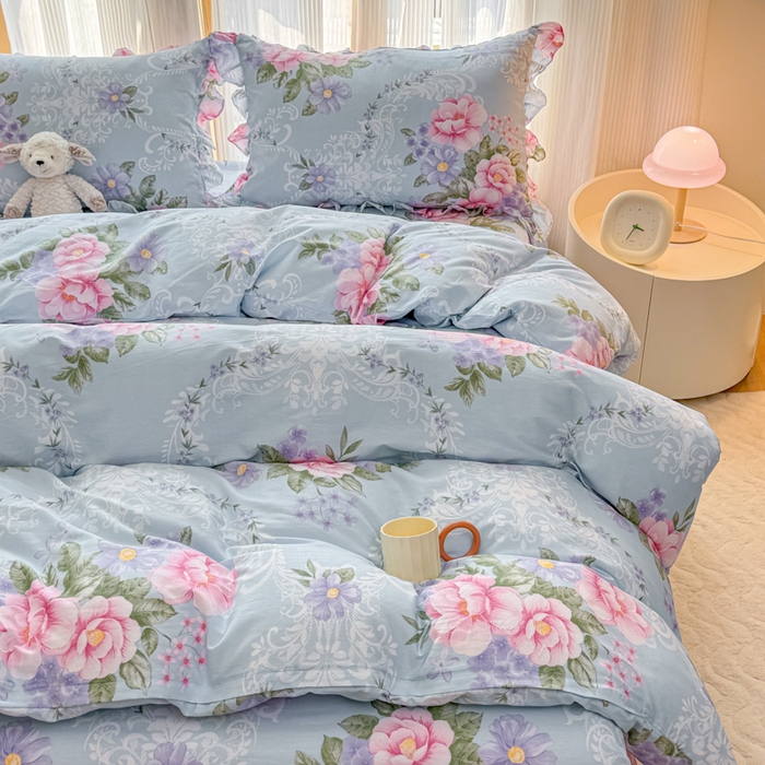 91家纺网 家纺一手货源 找家纺 （总）爱妮玖玖 2026春夏新款小蕾丝全棉纯棉印花床笠单层四件套