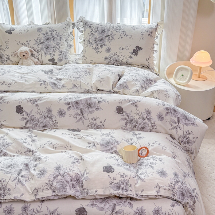 91家纺网 家纺一手货源 找家纺 （总）爱妮玖玖 2026春夏新款小蕾丝全棉纯棉印花床笠单层四件套