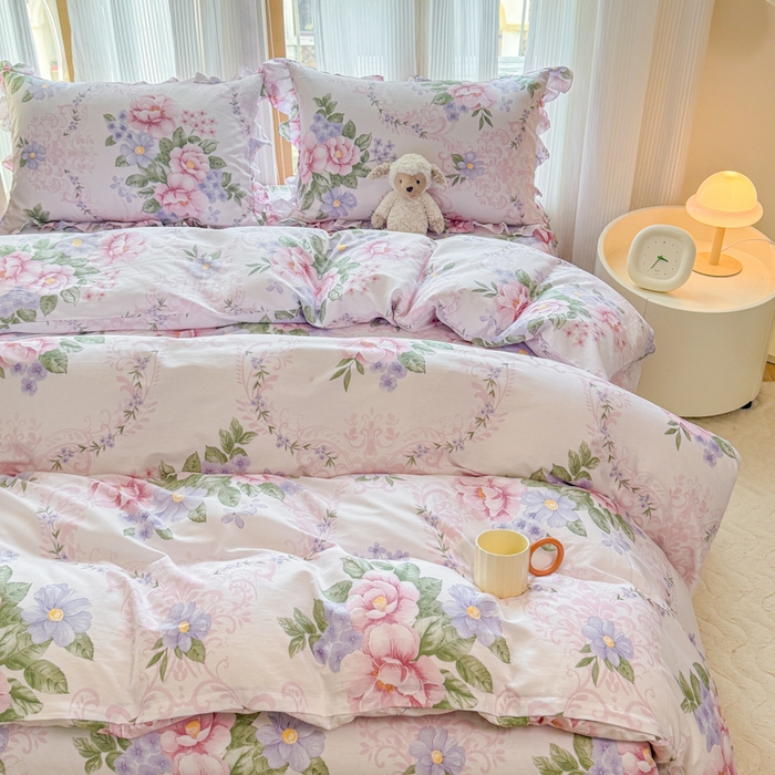 91家纺网 家纺一手货源 找家纺 （总）爱妮玖玖 2026春夏新款小蕾丝全棉纯棉印花床笠单层四件套