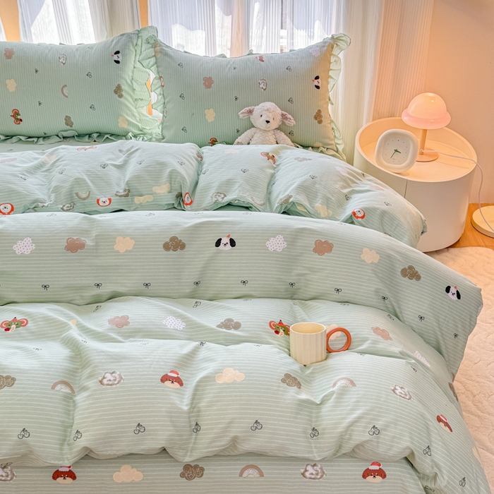 91家纺网 家纺一手货源 找家纺 （总）爱妮玖玖 2026春夏新款小蕾丝全棉纯棉印花床笠单层四件套