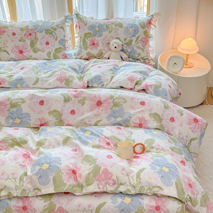 91家纺网 家纺一手货源 找家纺 （总）爱妮玖玖 2026春夏新款小蕾丝全棉纯棉印花床笠单层四件套