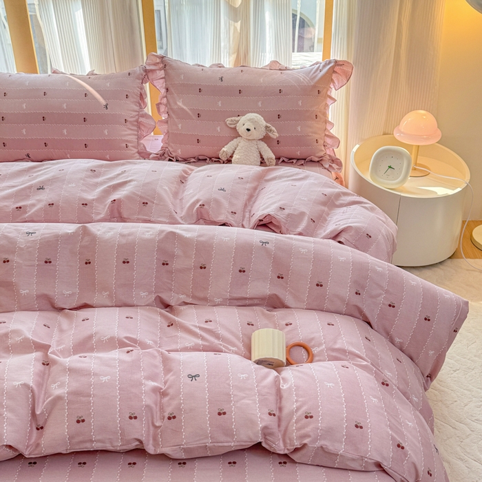 91家纺网 家纺一手货源 找家纺 （总）爱妮玖玖 2026春夏新款小蕾丝全棉纯棉印花床笠单层四件套