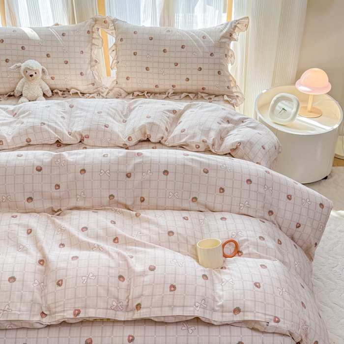 91家纺网 家纺一手货源 找家纺 （总）爱妮玖玖 2026春夏新款小蕾丝全棉纯棉印花床笠单层四件套