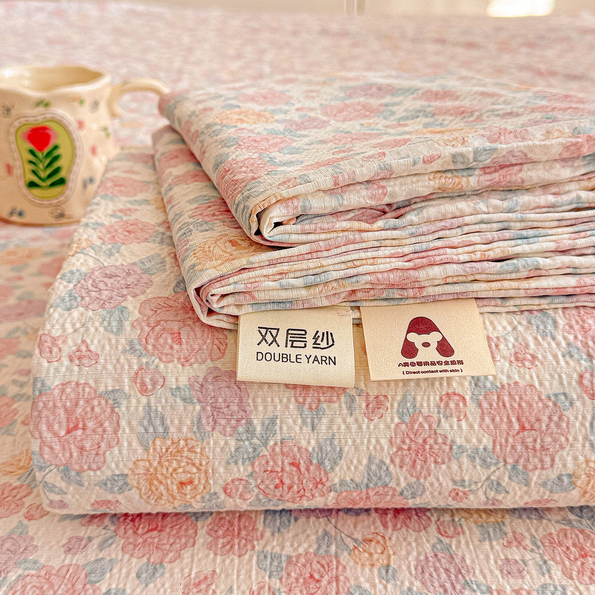 91家纺网 家纺一手货源 找家纺 （总）仟人梦 2026新款云感双层纱印花单床单-叠拍图