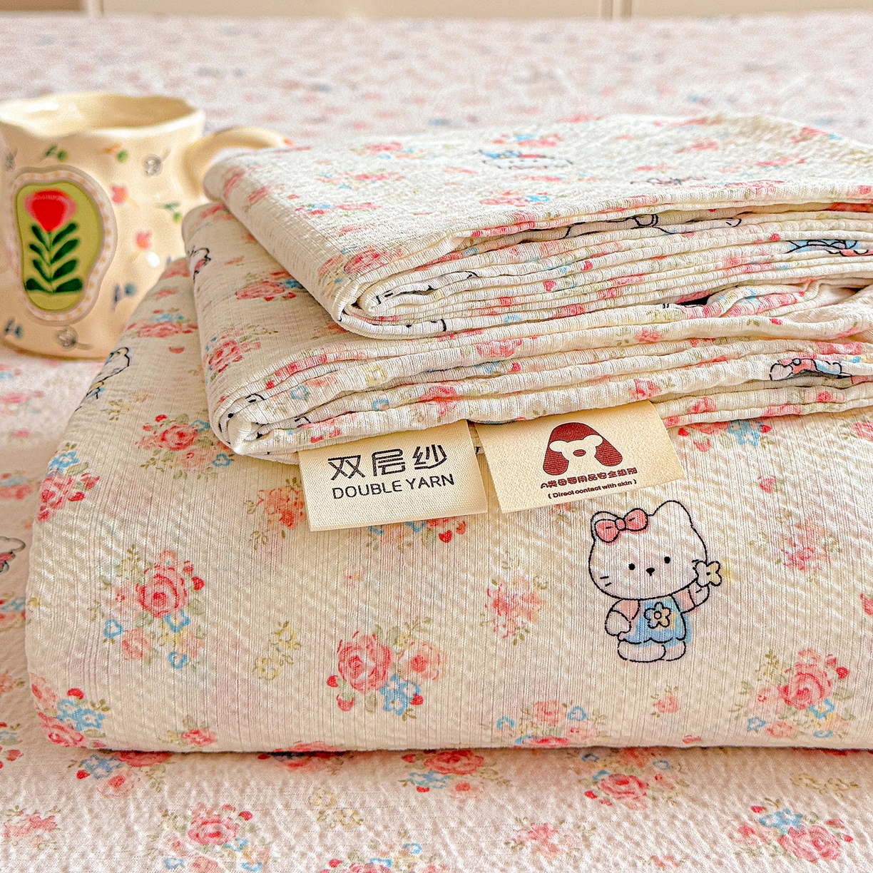 91家纺网 家纺一手货源 找家纺 （总）仟人梦 2026新款云感双层纱印花单床单-叠拍图