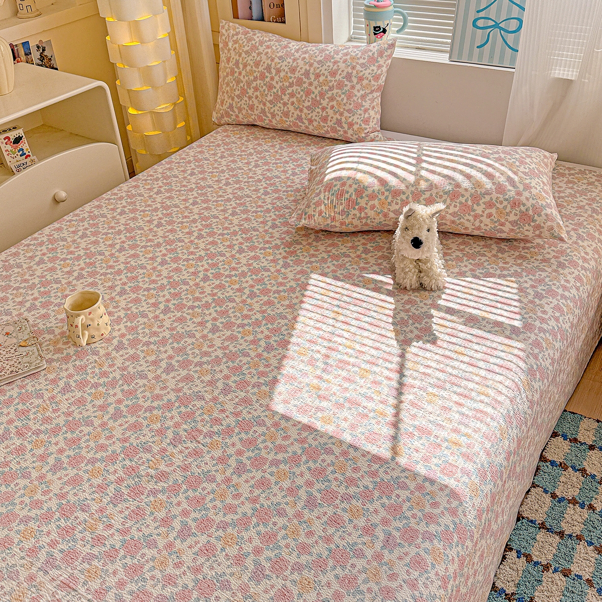 91家纺网 家纺一手货源 找家纺 仟人梦 2026新款云感双层纱印花单床单-叠拍图 水墨丹青-粉