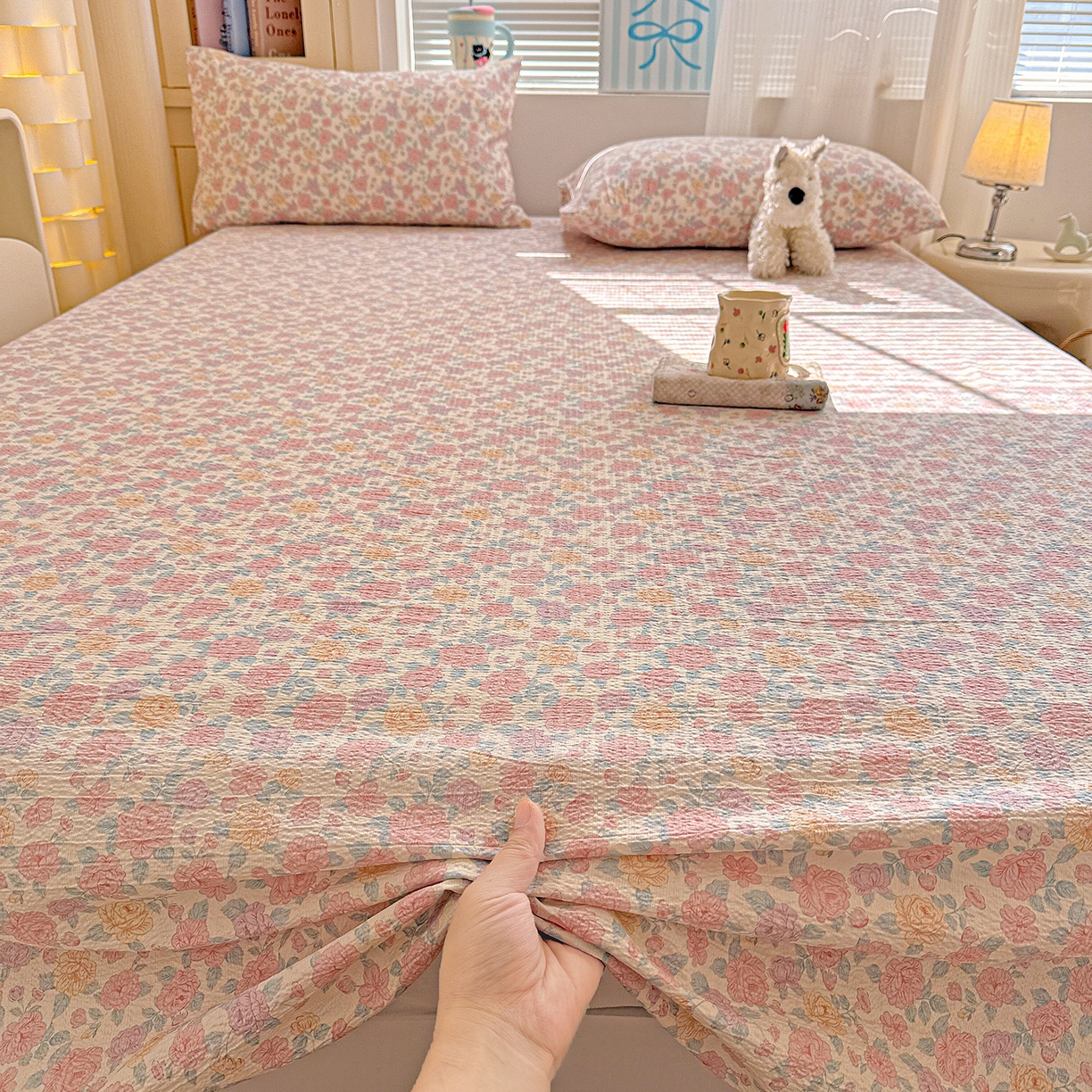 91家纺网 家纺一手货源 找家纺 仟人梦 2026新款云感双层纱印花单床单-叠拍图 水墨丹青-粉