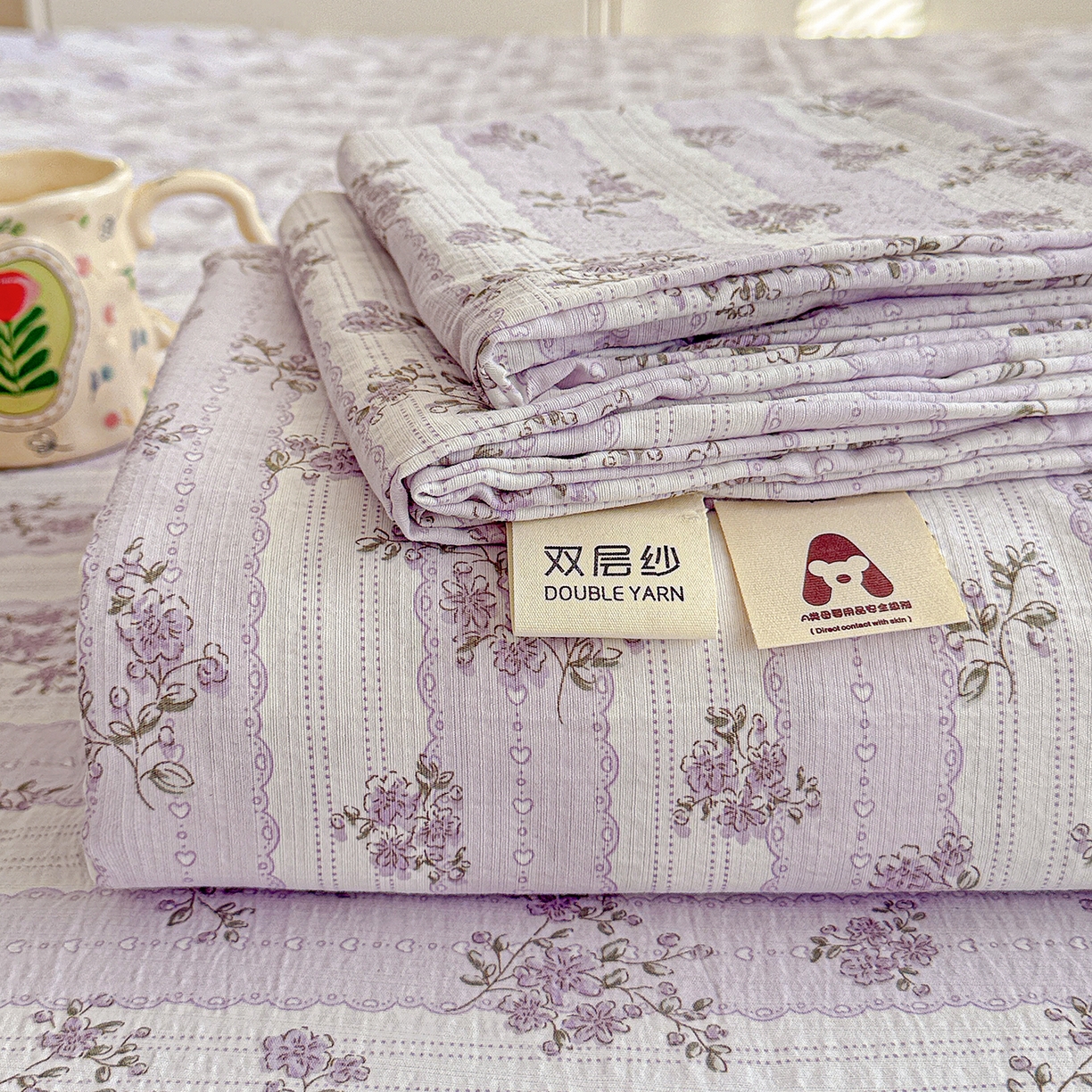 仟人梦 2026新款云感双层纱印花单床单-叠拍图 半暖时光-紫