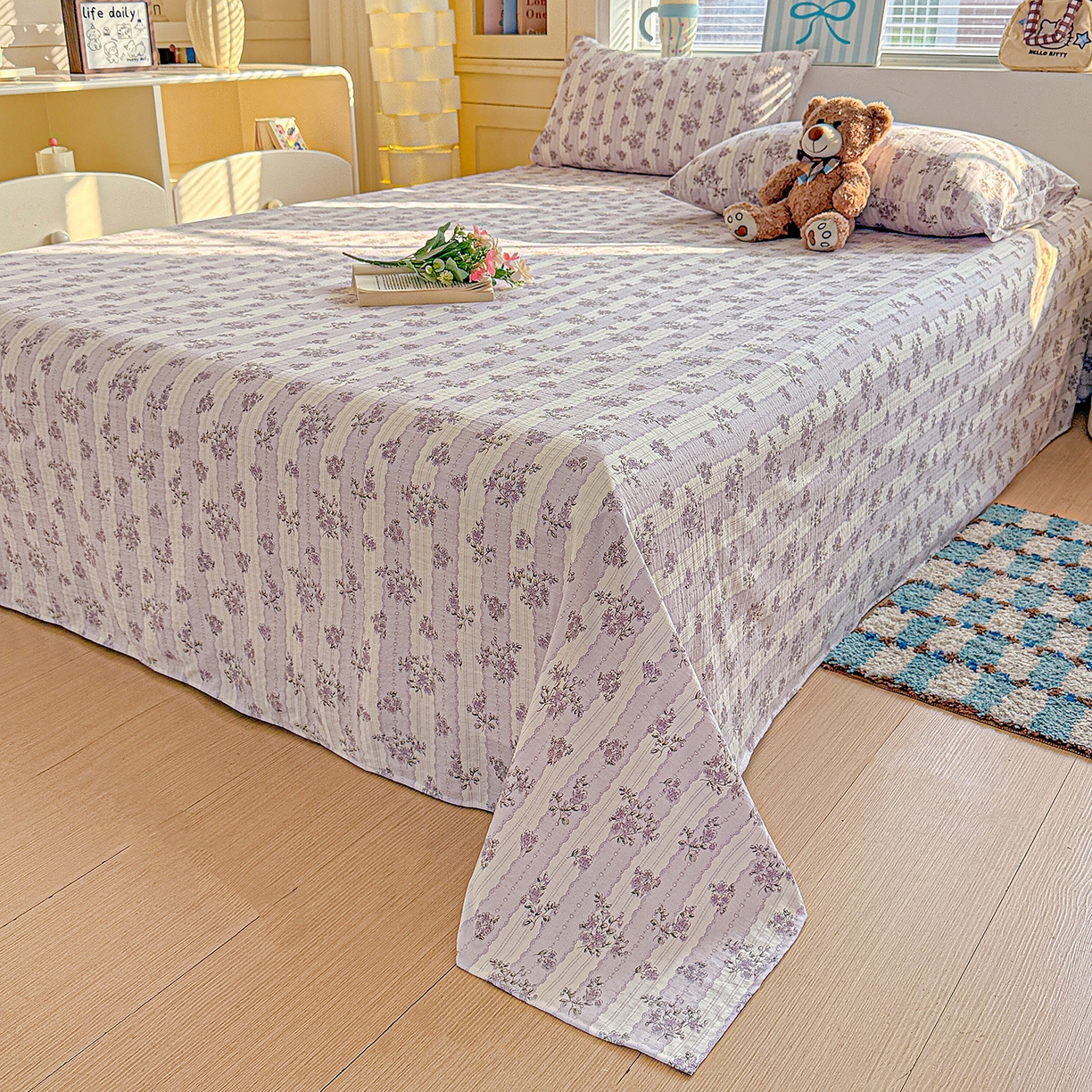 91家纺网 家纺一手货源 找家纺 仟人梦 2026新款云感双层纱印花单床单-叠拍图 半暖时光-紫