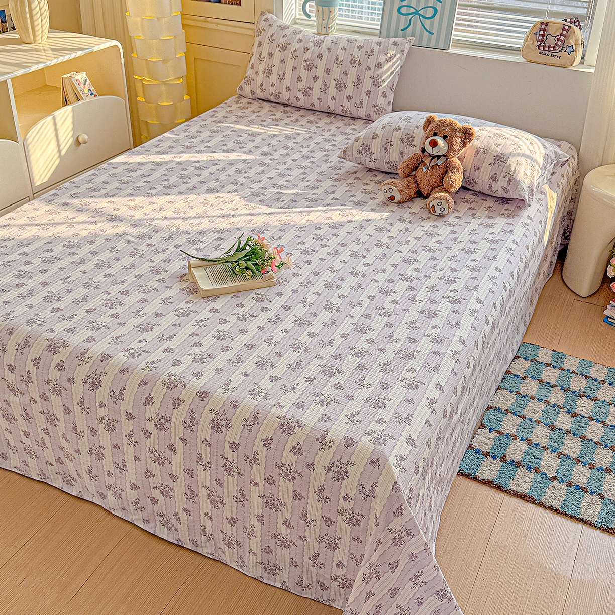 91家纺网 家纺一手货源 找家纺 仟人梦 2026新款云感双层纱印花单床单-叠拍图 半暖时光-紫