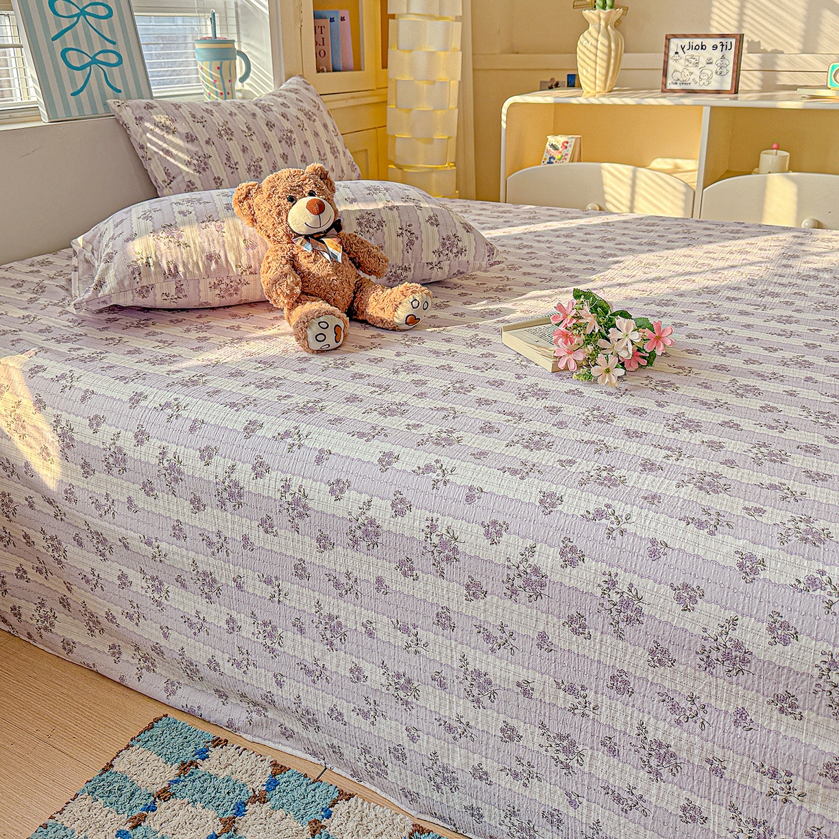 91家纺网 家纺一手货源 找家纺 仟人梦 2026新款云感双层纱印花单床单-叠拍图 半暖时光-紫