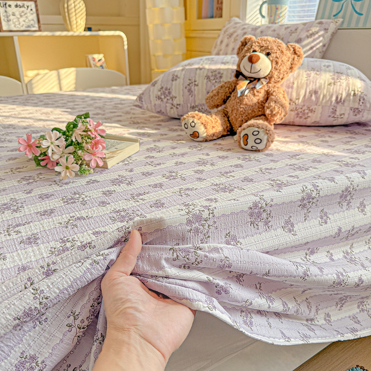 91家纺网 家纺一手货源 找家纺 仟人梦 2026新款云感双层纱印花单床单-叠拍图 半暖时光-紫