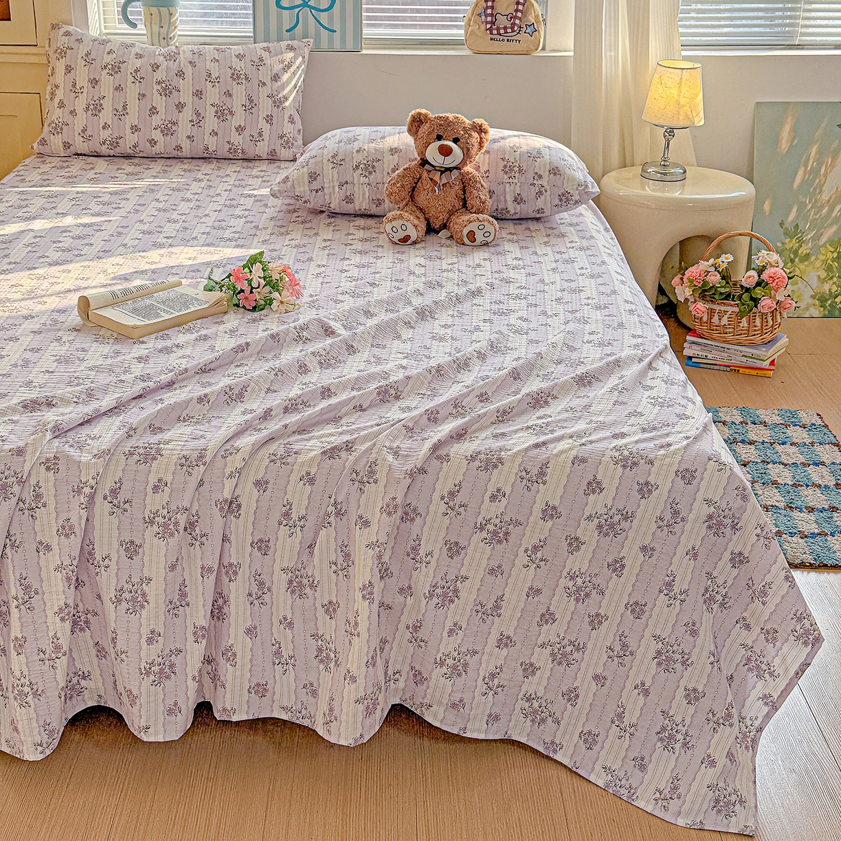 91家纺网 家纺一手货源 找家纺 仟人梦 2026新款云感双层纱印花单床单-叠拍图 半暖时光-紫