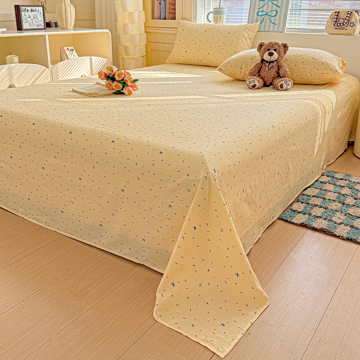 91家纺网 家纺一手货源 找家纺 仟人梦 2026新款云感双层纱印花单床单-叠拍图 冰淇凌