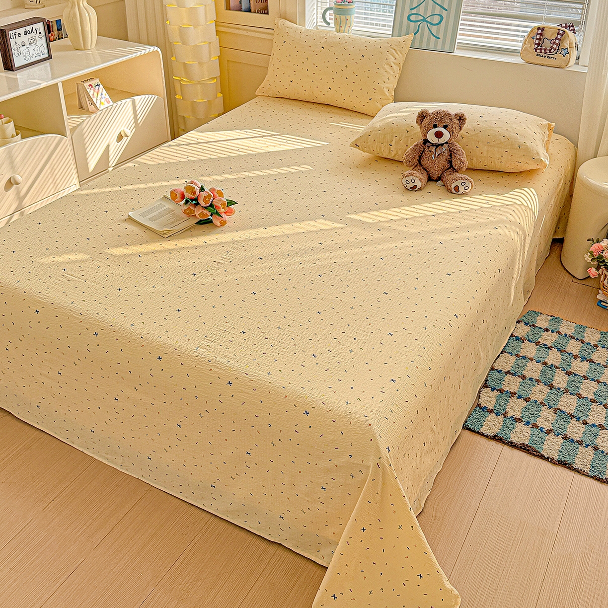 91家纺网 家纺一手货源 找家纺 仟人梦 2026新款云感双层纱印花单床单-叠拍图 冰淇凌