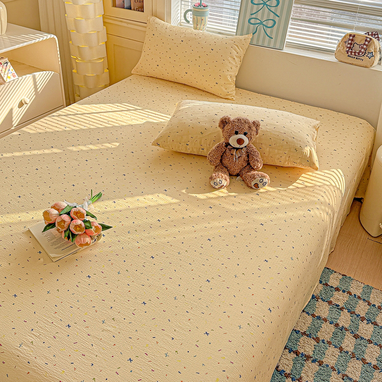 91家纺网 家纺一手货源 找家纺 仟人梦 2026新款云感双层纱印花单床单-叠拍图 冰淇凌